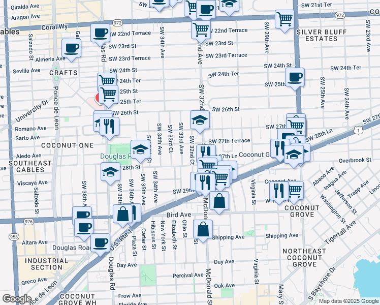 map of restaurants, bars, coffee shops, grocery stores, and more near 2760 Southwest 32nd Court in Miami