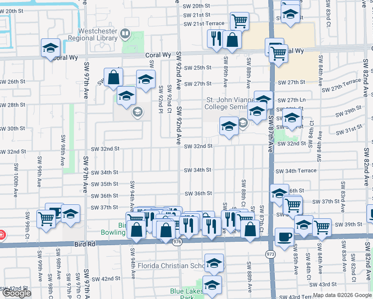 map of restaurants, bars, coffee shops, grocery stores, and more near 9110 Southwest 32nd Street in Miami