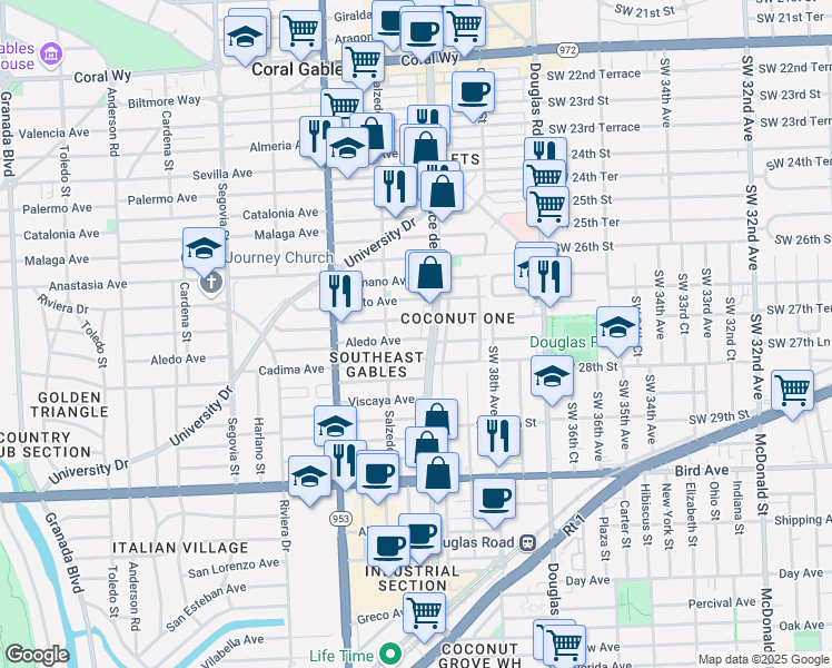 map of restaurants, bars, coffee shops, grocery stores, and more near 221 Aledo Avenue in Coral Gables