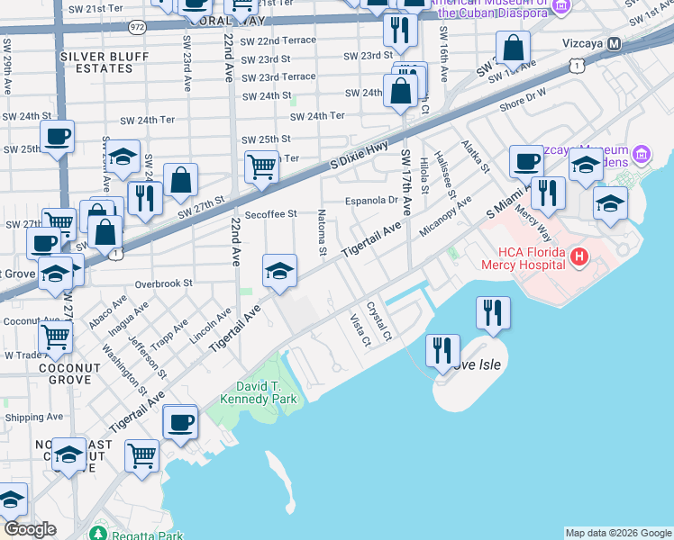 map of restaurants, bars, coffee shops, grocery stores, and more near 3230 Crystal Court in Miami