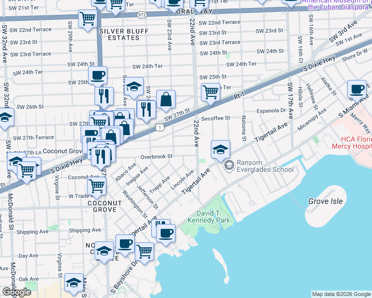 map of restaurants, bars, coffee shops, grocery stores, and more near 2220 Tequesta Lane in Miami