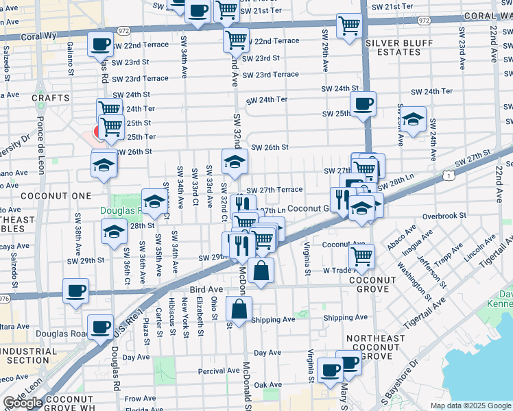 map of restaurants, bars, coffee shops, grocery stores, and more near 2784 Southwest 31st Place in Miami