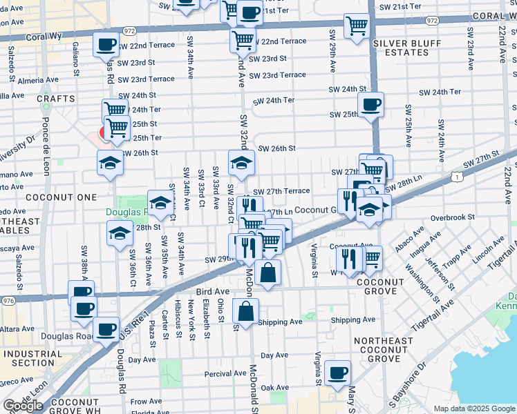 map of restaurants, bars, coffee shops, grocery stores, and more near 2784 Southwest 31st Place in Miami