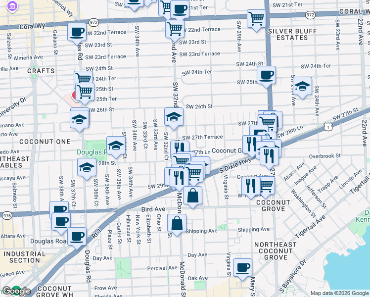 map of restaurants, bars, coffee shops, grocery stores, and more near 2784 Southwest 31st Place in Miami