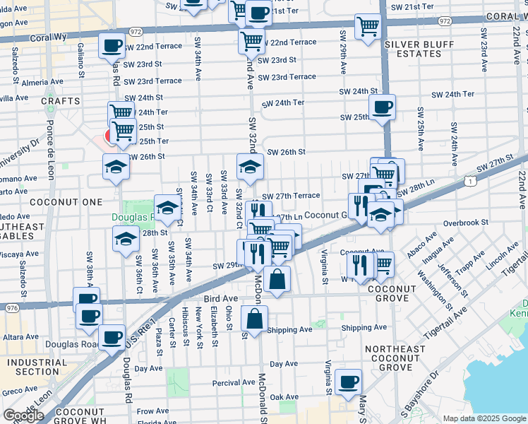 map of restaurants, bars, coffee shops, grocery stores, and more near 2784 Southwest 31st Place in Miami