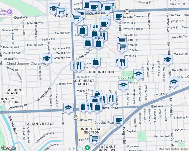map of restaurants, bars, coffee shops, grocery stores, and more near 221 Aledo Avenue in Coral Gables