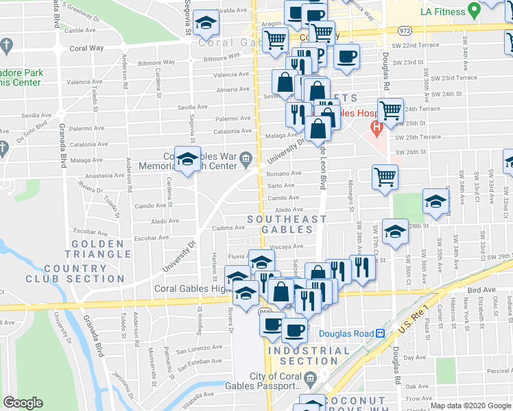 map of restaurants, bars, coffee shops, grocery stores, and more near 3409 South Le Jeune Road in Coral Gables