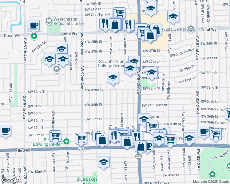 map of restaurants, bars, coffee shops, grocery stores, and more near 8840 Southwest 32nd Street in Miami