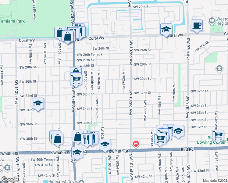 map of restaurants, bars, coffee shops, grocery stores, and more near 3130 Southwest 103rd Court in Miami
