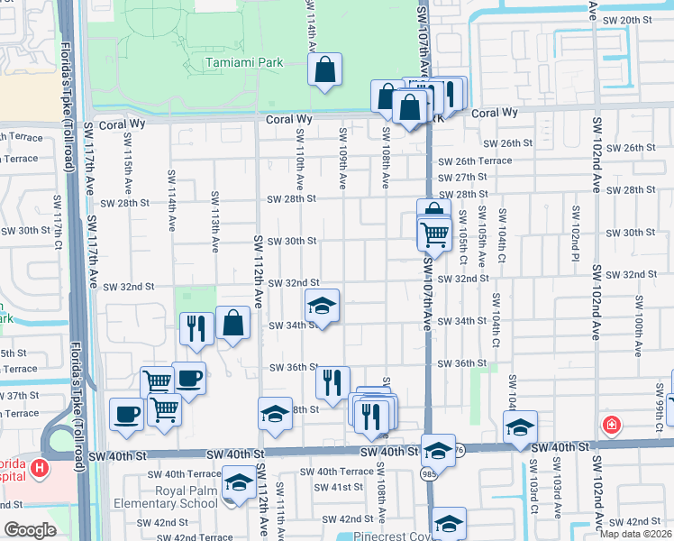 map of restaurants, bars, coffee shops, grocery stores, and more near 3111 Southwest 109th Avenue in Miami