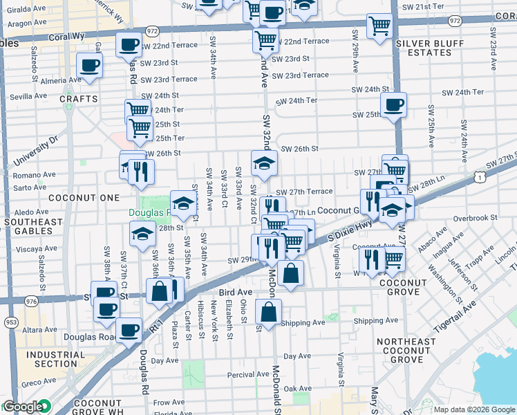 map of restaurants, bars, coffee shops, grocery stores, and more near 2765 Southwest 32nd Court in Miami