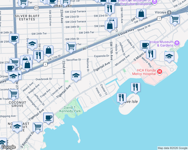 map of restaurants, bars, coffee shops, grocery stores, and more near 3230 Crystal Court in Miami