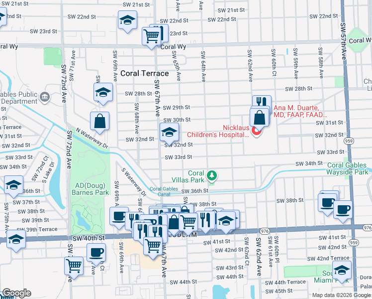 map of restaurants, bars, coffee shops, grocery stores, and more near 3225 Southwest 65th Avenue in Miami