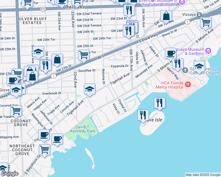 map of restaurants, bars, coffee shops, grocery stores, and more near 3230 Crystal Court in Miami