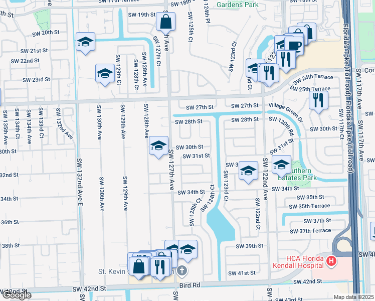 map of restaurants, bars, coffee shops, grocery stores, and more near 12530 Southwest 30th Street in Miami