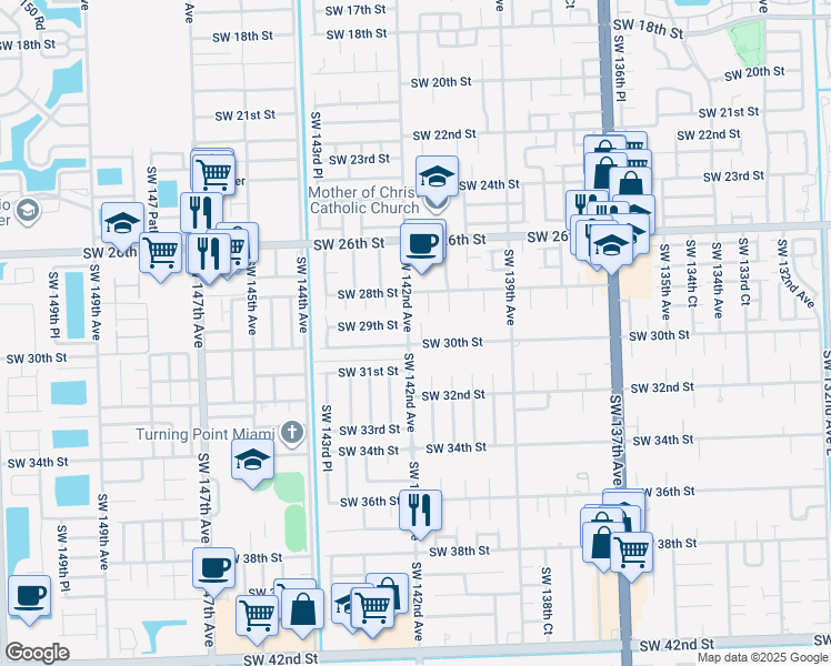 map of restaurants, bars, coffee shops, grocery stores, and more near 2960 Southwest 142nd Court in Miami