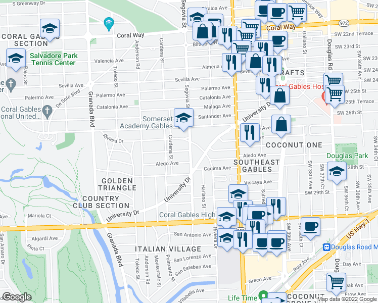 map of restaurants, bars, coffee shops, grocery stores, and more near 3400 Segovia Street in Coral Gables
