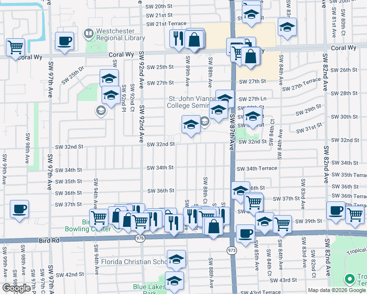 map of restaurants, bars, coffee shops, grocery stores, and more near 8910 Southwest 32nd Street in Miami