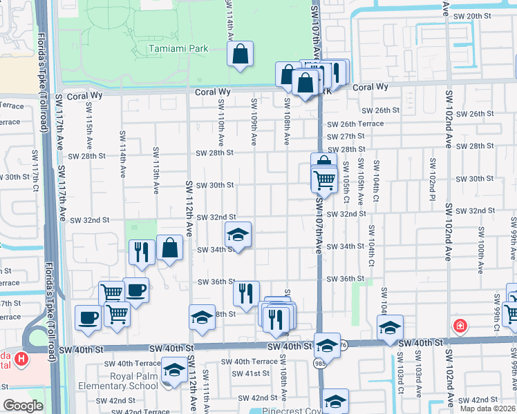 map of restaurants, bars, coffee shops, grocery stores, and more near 3111 Southwest 109th Avenue in Miami