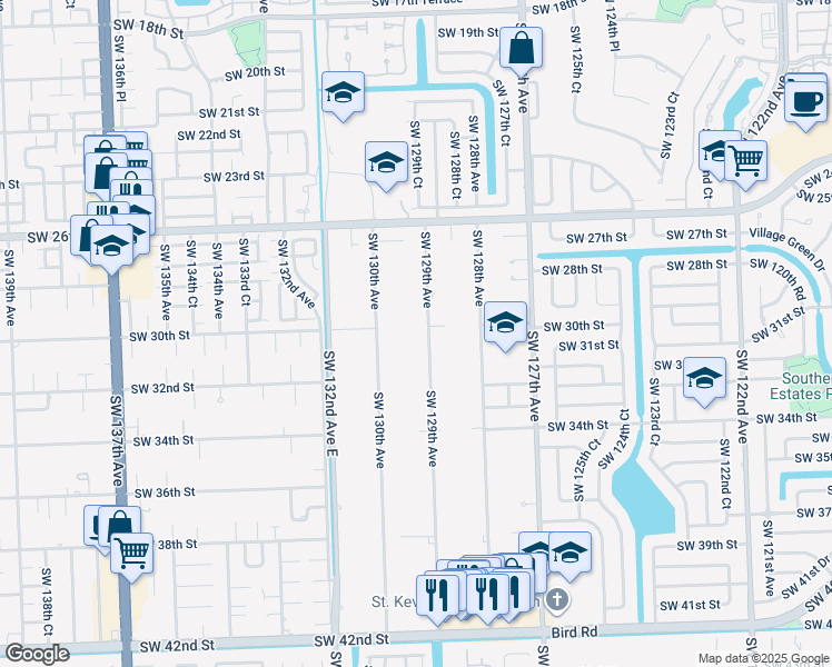 map of restaurants, bars, coffee shops, grocery stores, and more near 3000 Southwest 129th Avenue in Miami