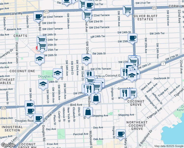 map of restaurants, bars, coffee shops, grocery stores, and more near 2784 Southwest 31st Place in Miami