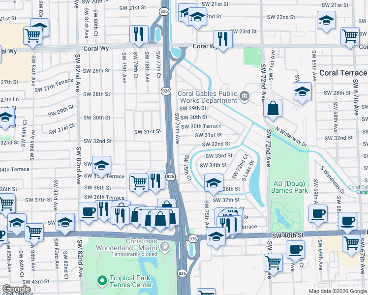 map of restaurants, bars, coffee shops, grocery stores, and more near 7550 Southwest 32nd Street in Miami