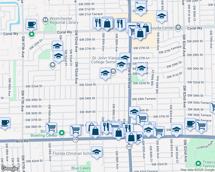 map of restaurants, bars, coffee shops, grocery stores, and more near 8840 Southwest 32nd Street in Miami