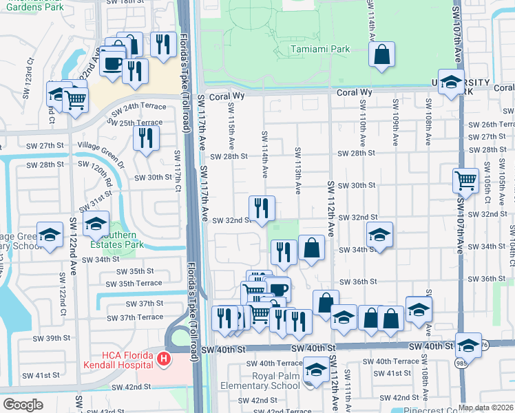 map of restaurants, bars, coffee shops, grocery stores, and more near 3110 SW 114th Ave in Miami