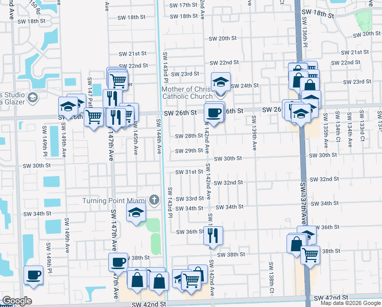 map of restaurants, bars, coffee shops, grocery stores, and more near 14260 Southwest 29th Street in Miami