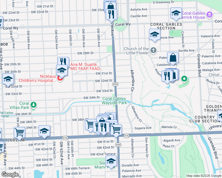 map of restaurants, bars, coffee shops, grocery stores, and more near 5725 Southwest 33rd Street in Miami