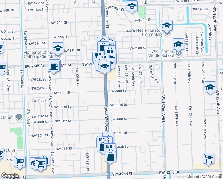 map of restaurants, bars, coffee shops, grocery stores, and more near 2991 Southwest 136th Court in Miami