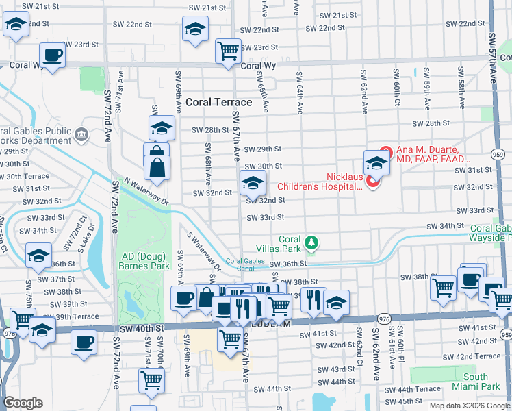 map of restaurants, bars, coffee shops, grocery stores, and more near 6590 Southwest 32nd Street in Miami
