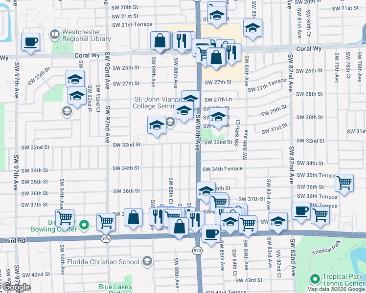 map of restaurants, bars, coffee shops, grocery stores, and more near 8778 Southwest 32nd Street in Miami