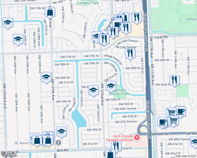 map of restaurants, bars, coffee shops, grocery stores, and more near 3031 Southwest 122nd Court in Miami