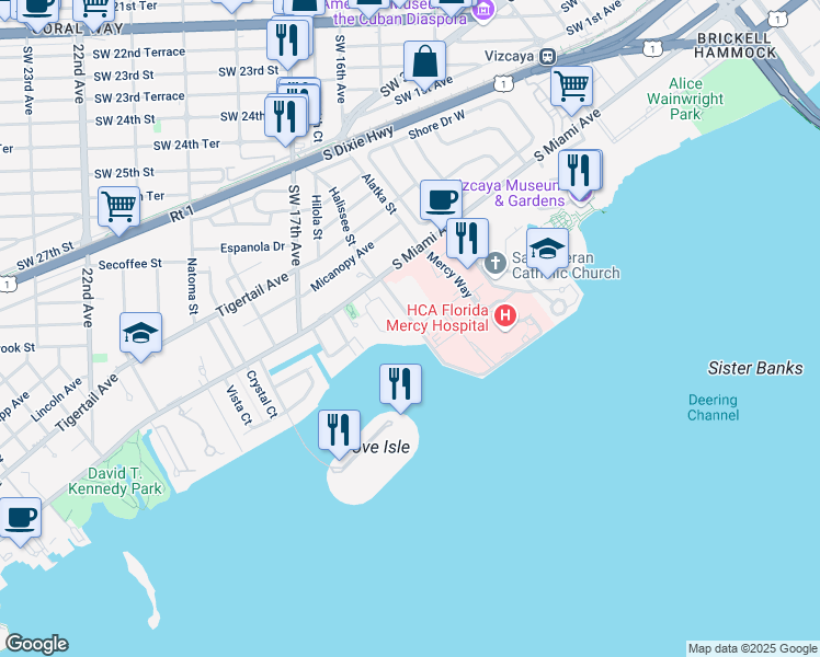 map of restaurants, bars, coffee shops, grocery stores, and more near in Miami