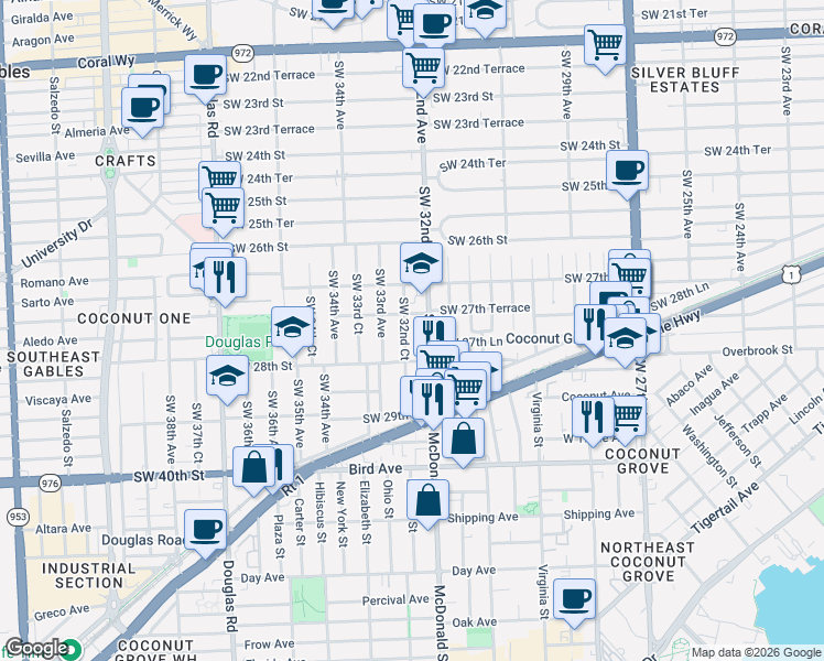 map of restaurants, bars, coffee shops, grocery stores, and more near 2765 Southwest 32nd Court in Miami