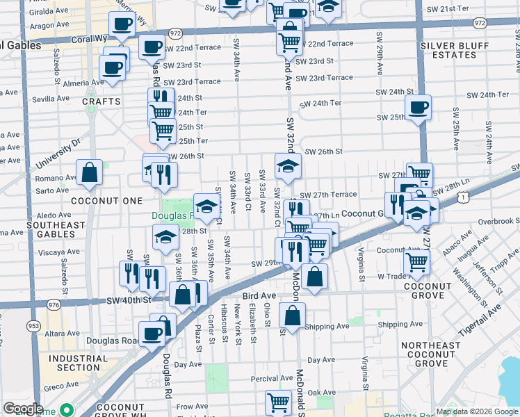 map of restaurants, bars, coffee shops, grocery stores, and more near 2773 Southwest 33rd Court in Miami