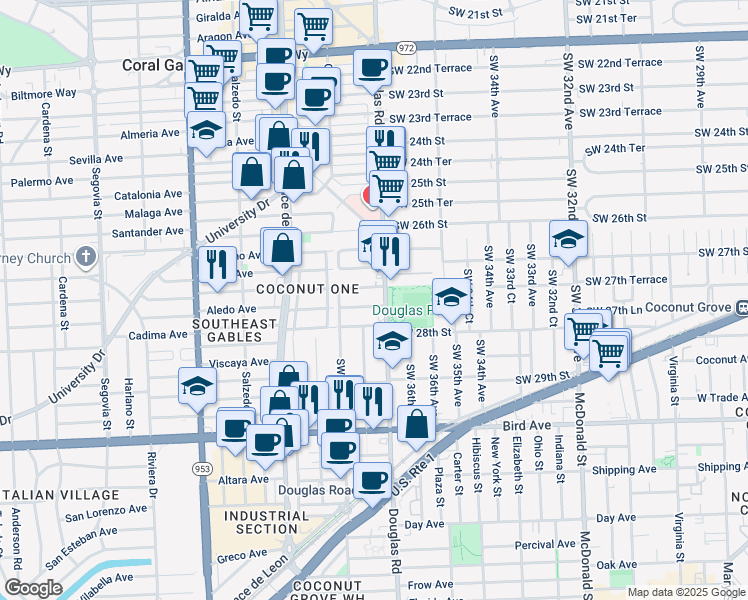 map of restaurants, bars, coffee shops, grocery stores, and more near 2756 Douglas Road in Miami