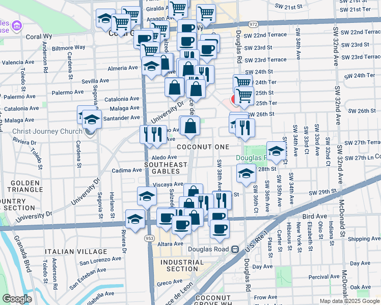 map of restaurants, bars, coffee shops, grocery stores, and more near 221 Aledo Avenue in Coral Gables