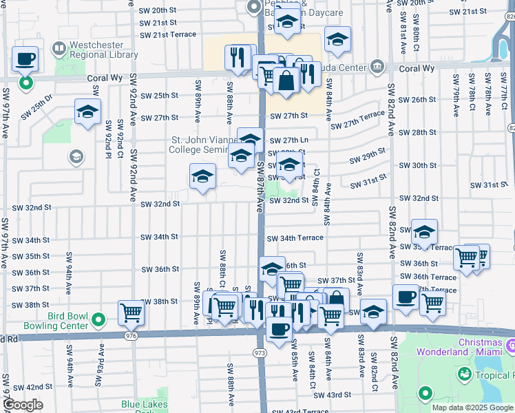 map of restaurants, bars, coffee shops, grocery stores, and more near 8670 Southwest 32nd Street in Miami