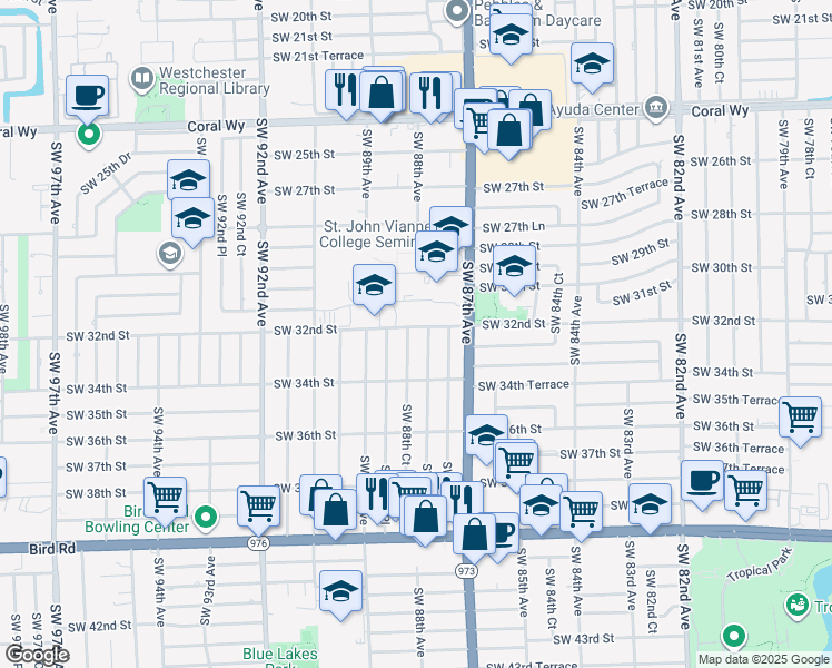 map of restaurants, bars, coffee shops, grocery stores, and more near 8840 Southwest 32nd Street in Miami