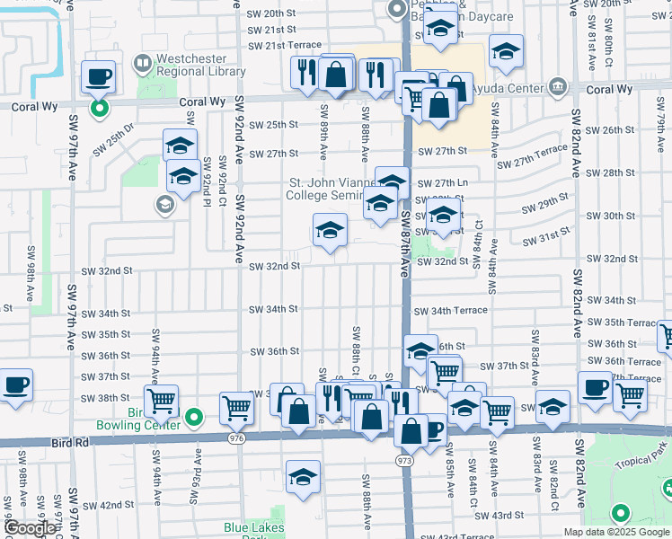 map of restaurants, bars, coffee shops, grocery stores, and more near 8840 Southwest 32nd Street in Miami