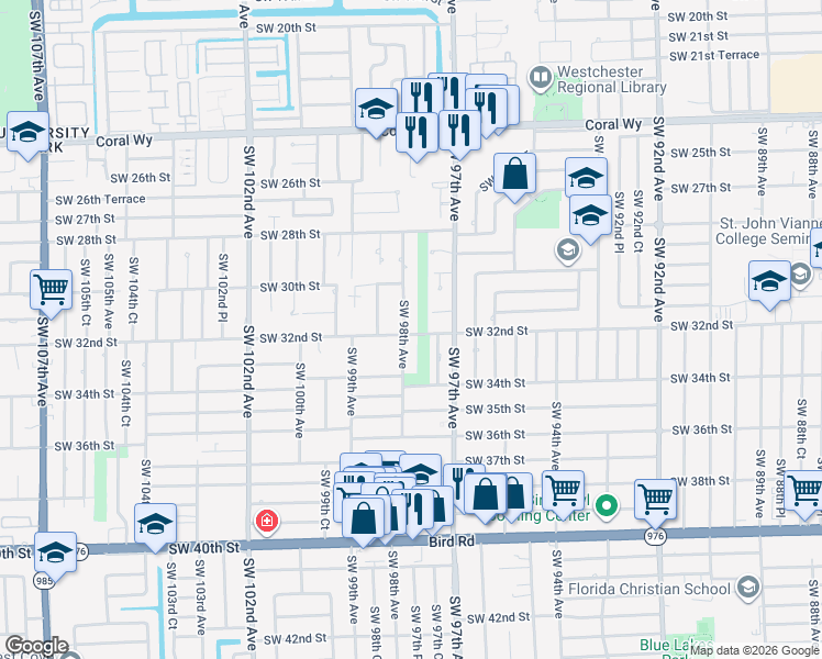map of restaurants, bars, coffee shops, grocery stores, and more near 3131 Southwest 98th Avenue in Miami
