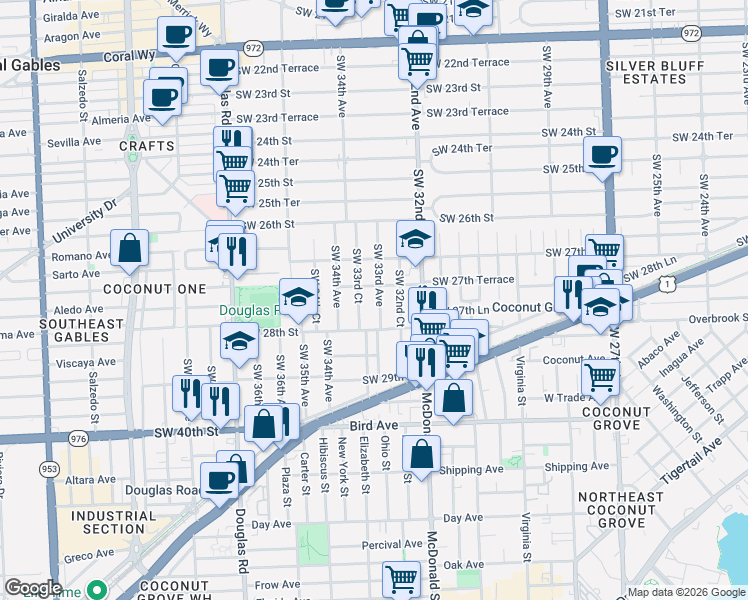 map of restaurants, bars, coffee shops, grocery stores, and more near 2773 Southwest 33rd Court in Miami
