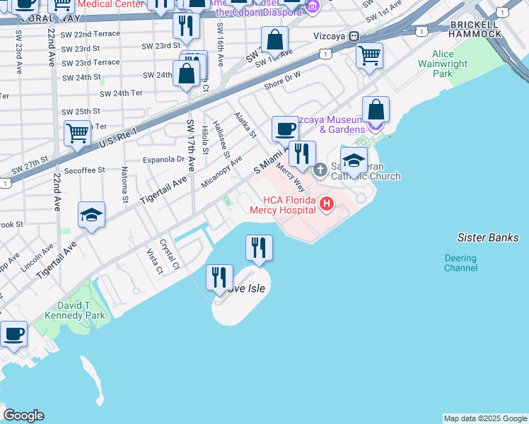 map of restaurants, bars, coffee shops, grocery stores, and more near in Miami