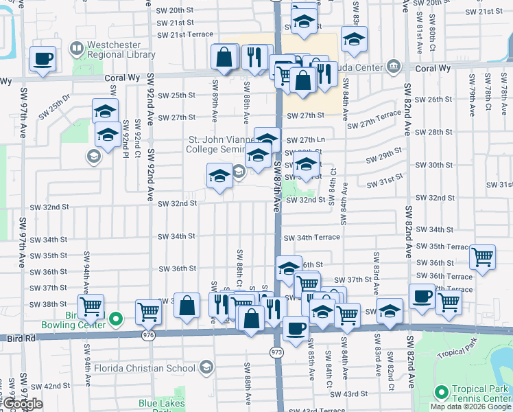 map of restaurants, bars, coffee shops, grocery stores, and more near 8778 Southwest 32nd Street in Miami