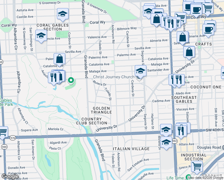 map of restaurants, bars, coffee shops, grocery stores, and more near 3321 Toledo Plaza in Coral Gables