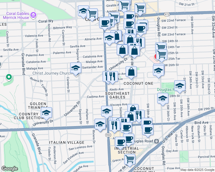 map of restaurants, bars, coffee shops, grocery stores, and more near 3401 South Le Jeune Road in Miami
