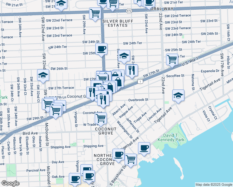 map of restaurants, bars, coffee shops, grocery stores, and more near 2551 Southwest 27th Lane in Miami