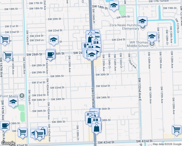 map of restaurants, bars, coffee shops, grocery stores, and more near 13705 Southwest 30th Street in Miami